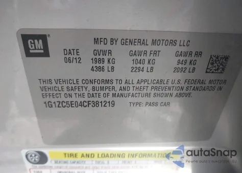 2012 Chevrolet Malibu 1Lt from USA, damaged, VIN 1G1ZC5E04CF381219